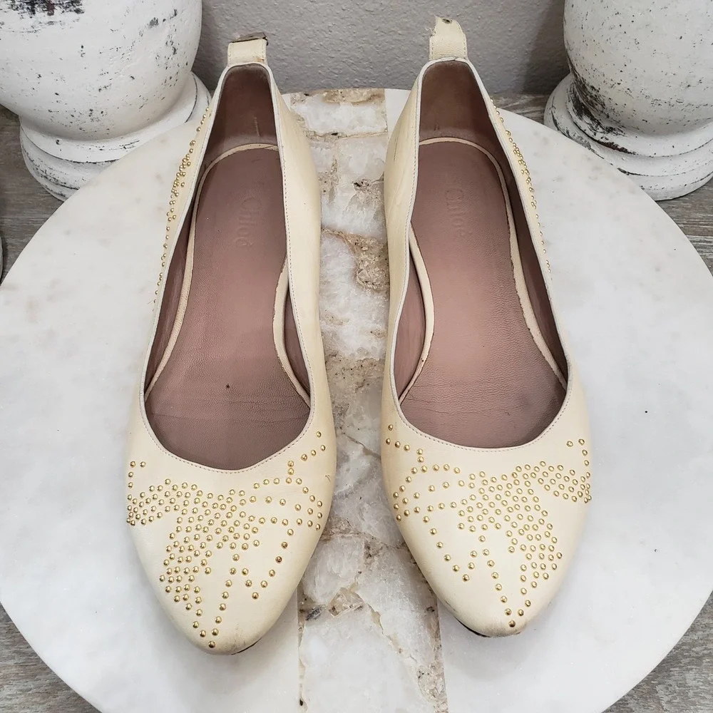 CHLOE Susanna Ivory Studs Leather‎ Ballet Flats Womens Sz. 37